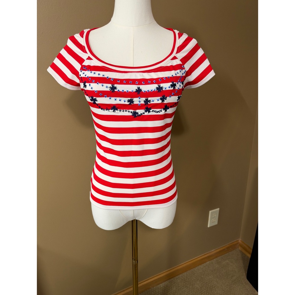 Maeve Anthropologie Top Women XS Red White Stripe Embroidered Scoop Neck Floral